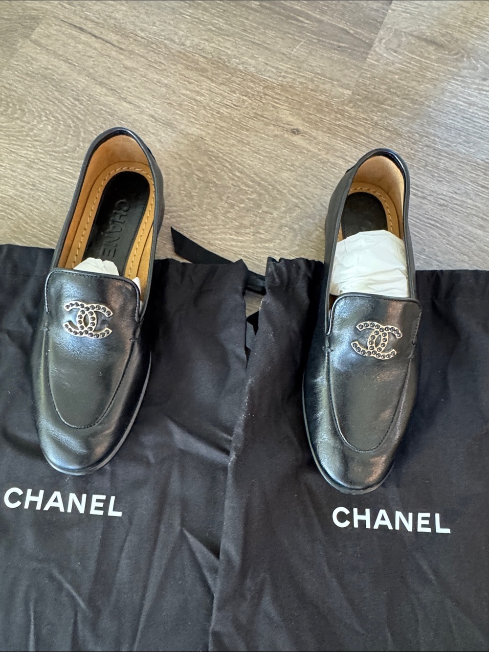 CHANEL Black Leather Crystal CC Loafers
